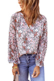 Green Floral Print V Neck Long Puff Sleeve Top