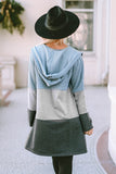 Blue Color Block Patchwork Open Front Hooded Cardigan