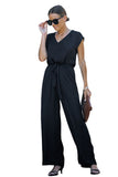 Sleeveless V Neck Belted Wide Leg Jumpsuit