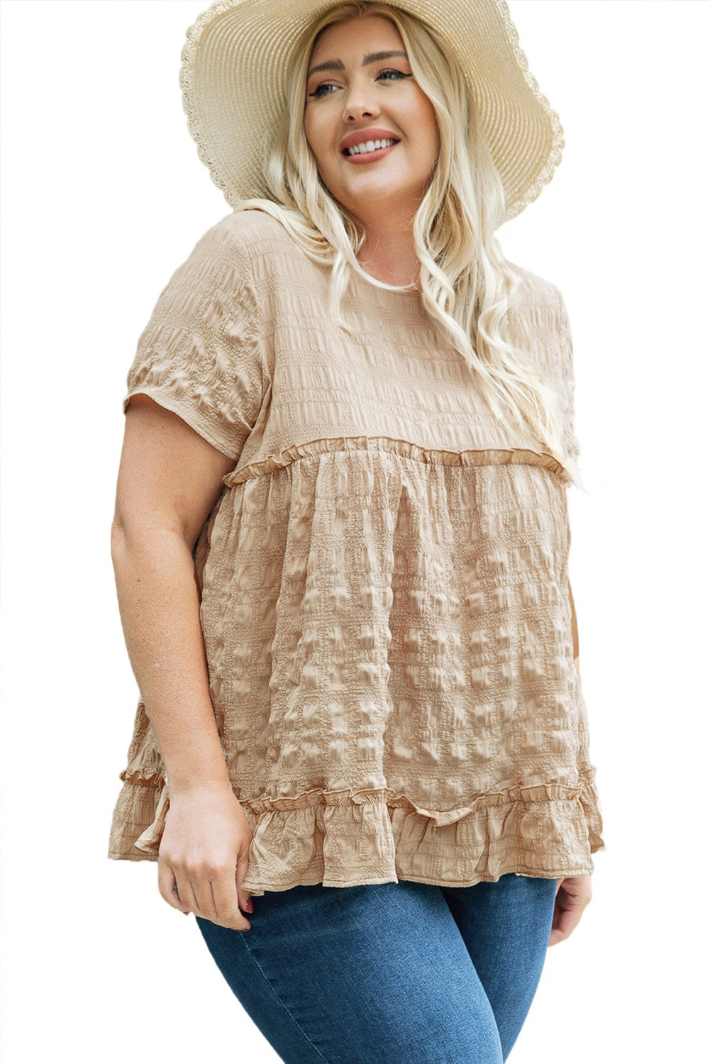 Plus Size Crinkle Textured Ruffle Trim Babydoll Top