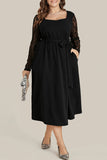 Plus Size Sheer Lace Sleeve Belted Ruffle Midi Dress