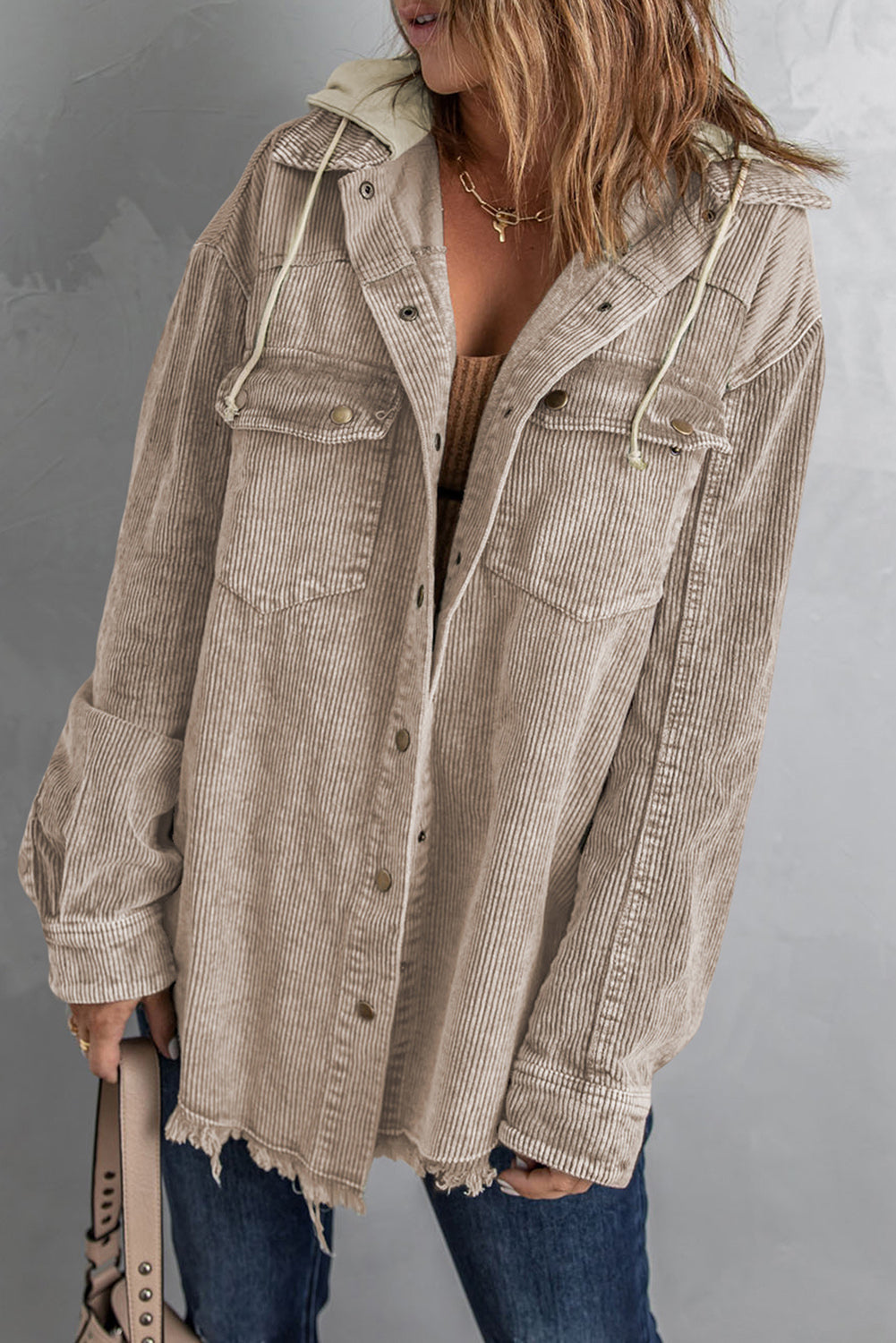 Gray Color Block Button Down Hooded Corduroy Jacket