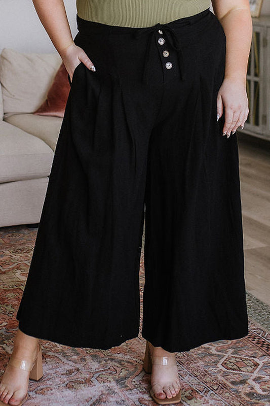 Buttoned Lace-up Waist Wide Leg Plus Size Pants