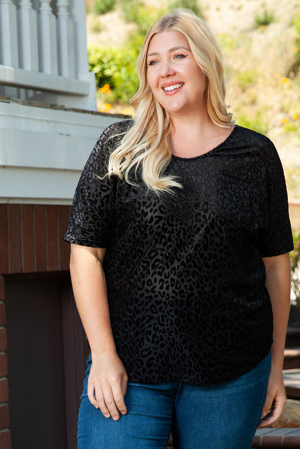 Plus Size Leopard Emboss V Neck Top