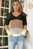 Color Block Eyelet Long Sleeve Twisted Back Knit Top