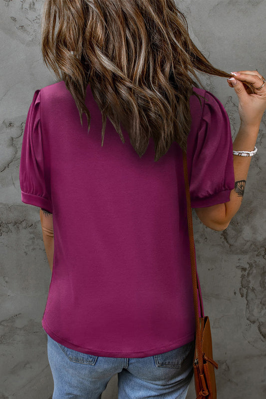 Solid Color Pleated Puff Short Sleeve Top