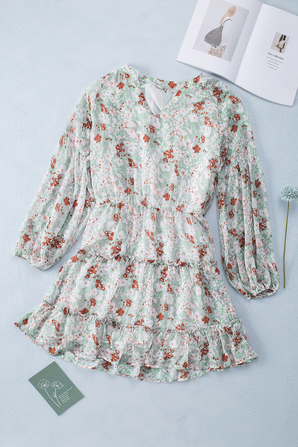 Multicolor V Neck Puff Sleeves Floral Tunic Dress