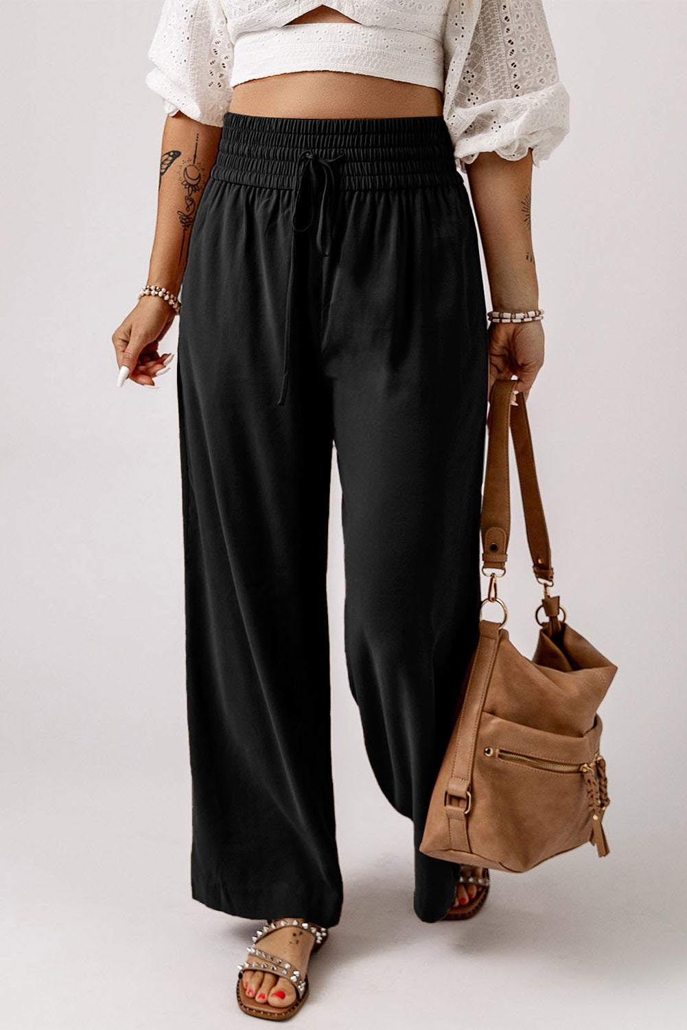 Blue Drawstring Elastic Waist Casual Wide Leg Pants