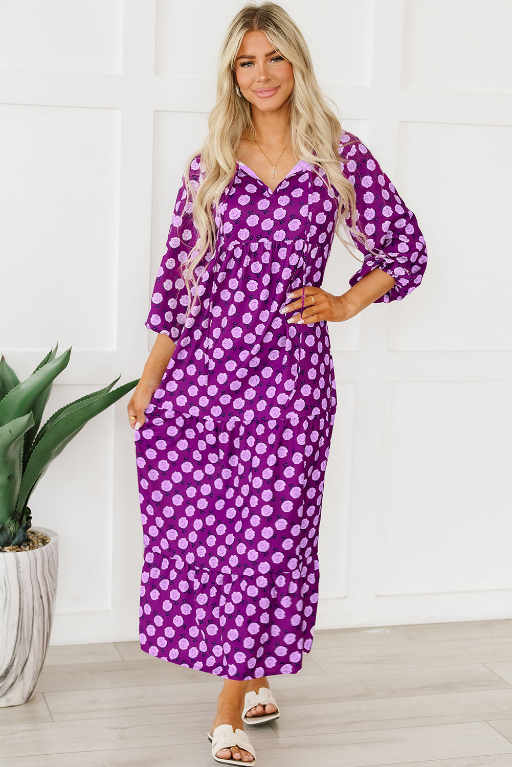 Robe longue violette imprimée bohème à manches bouffantes