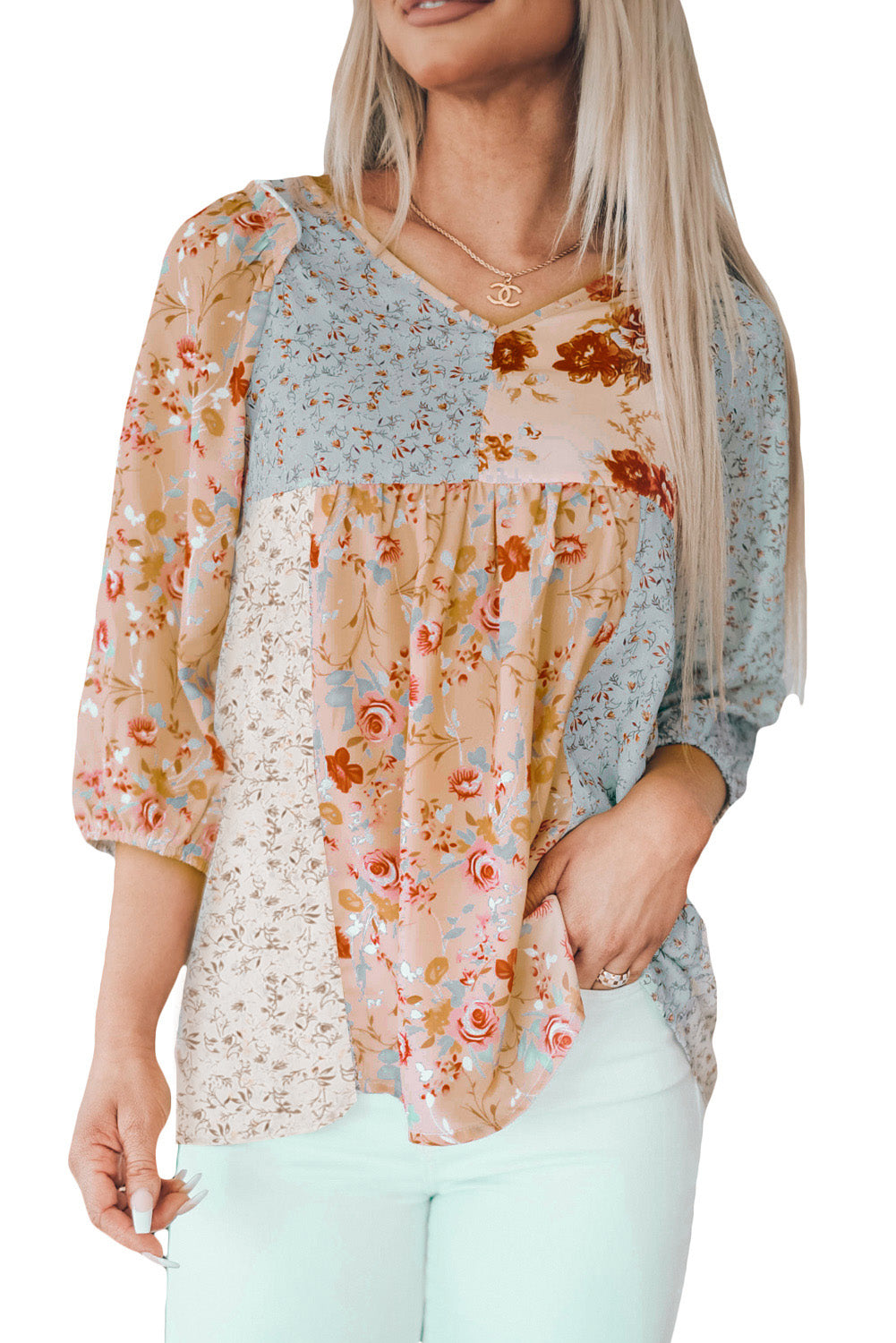 V Neck Mixed Floral Babydoll Top