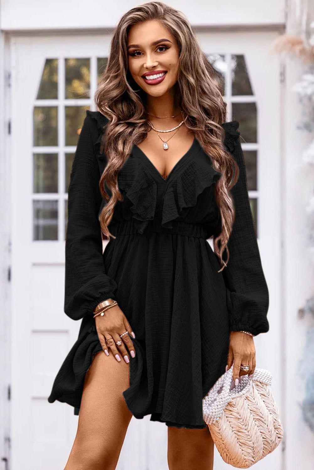 Black Textured Ruffled V Neck High Waist Mini Dress