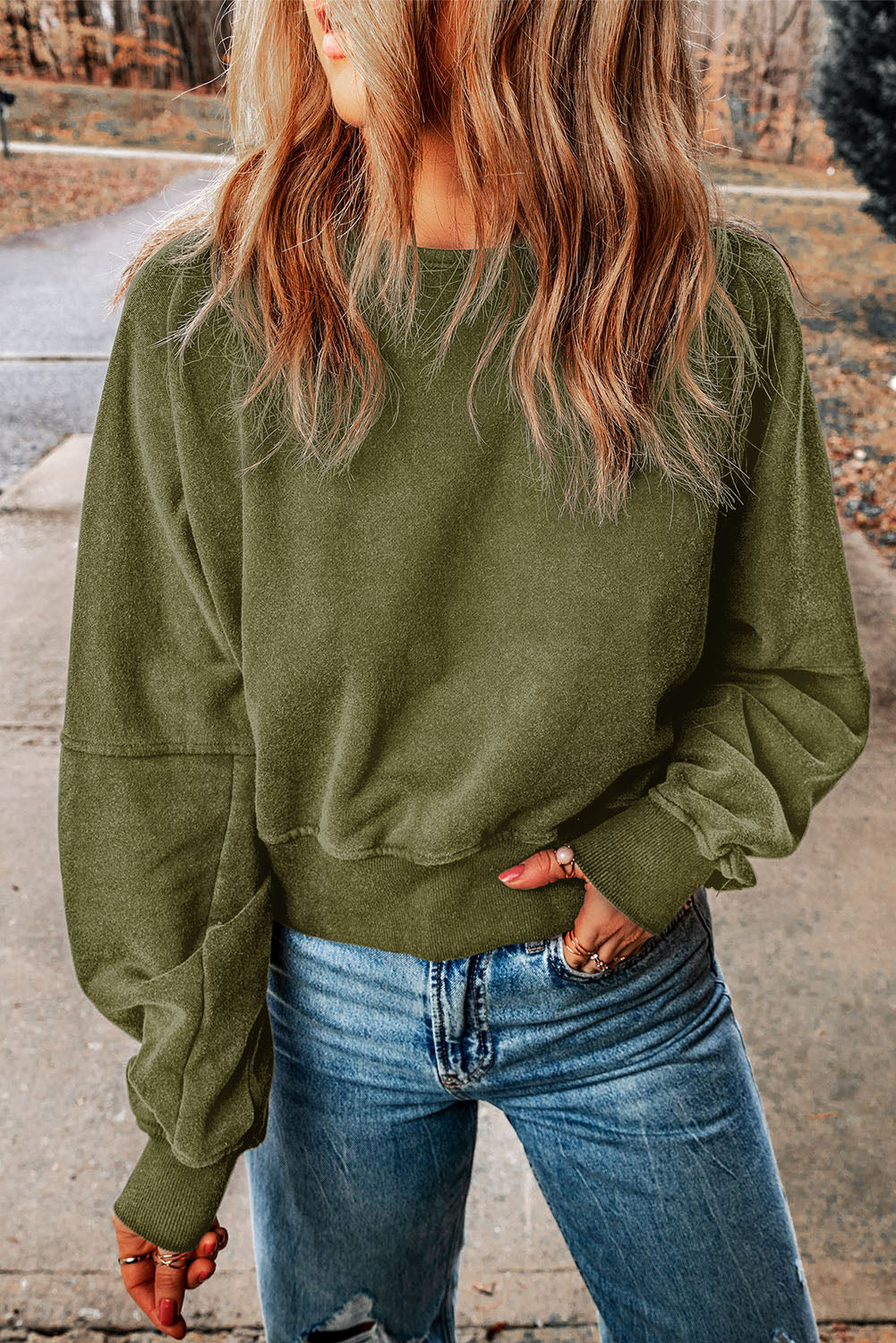 Green Acid Wash V-shape Open Back Sweatshirt