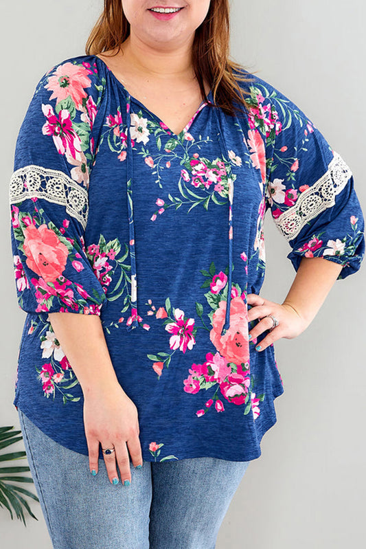 Plus Size Lace Patch 3/4 Sleeve Split Neck Floral Top