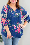 Plus Size Lace Patch 3/4 Sleeve Split Neck Floral Top