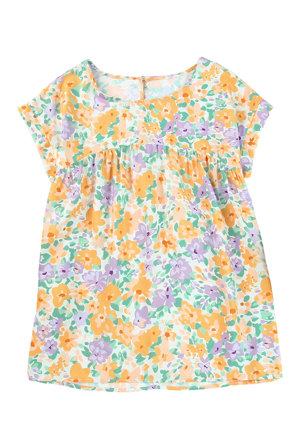 Floral Print Keyhole Back Short Sleeve Babydoll Blouse