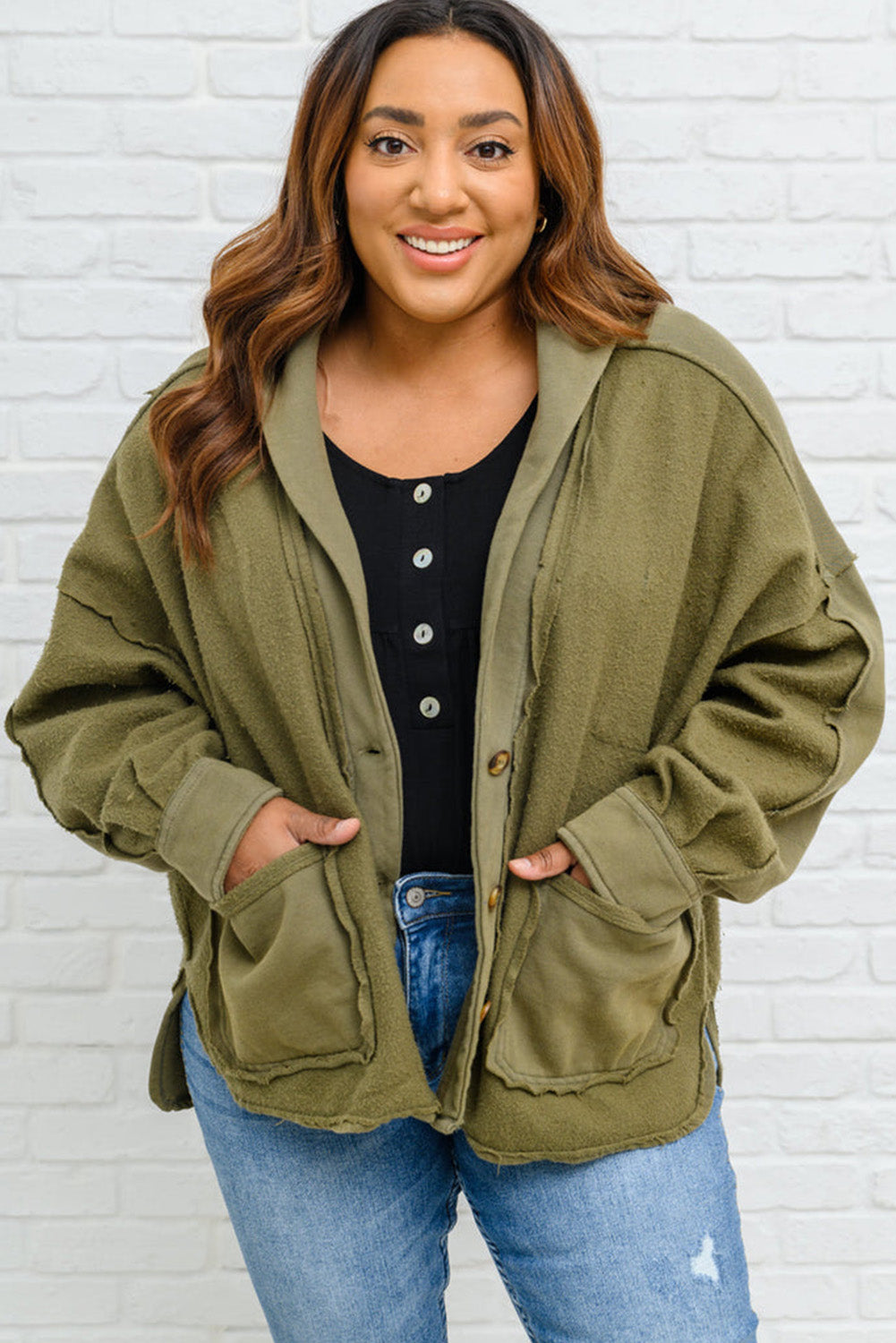 Plus Size Exposed Seam Terry Patchwork Hooded Jacket