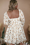 Plus Size Floral Bubble Sleeve Square Neck Ruffled Dress