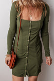 Guacamole Green Rib Knit Square Neck Buttoned Long Sleeve Mini Dress