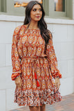 Western Pattern Print Lantern Sleeve Drawstring Mini Dress