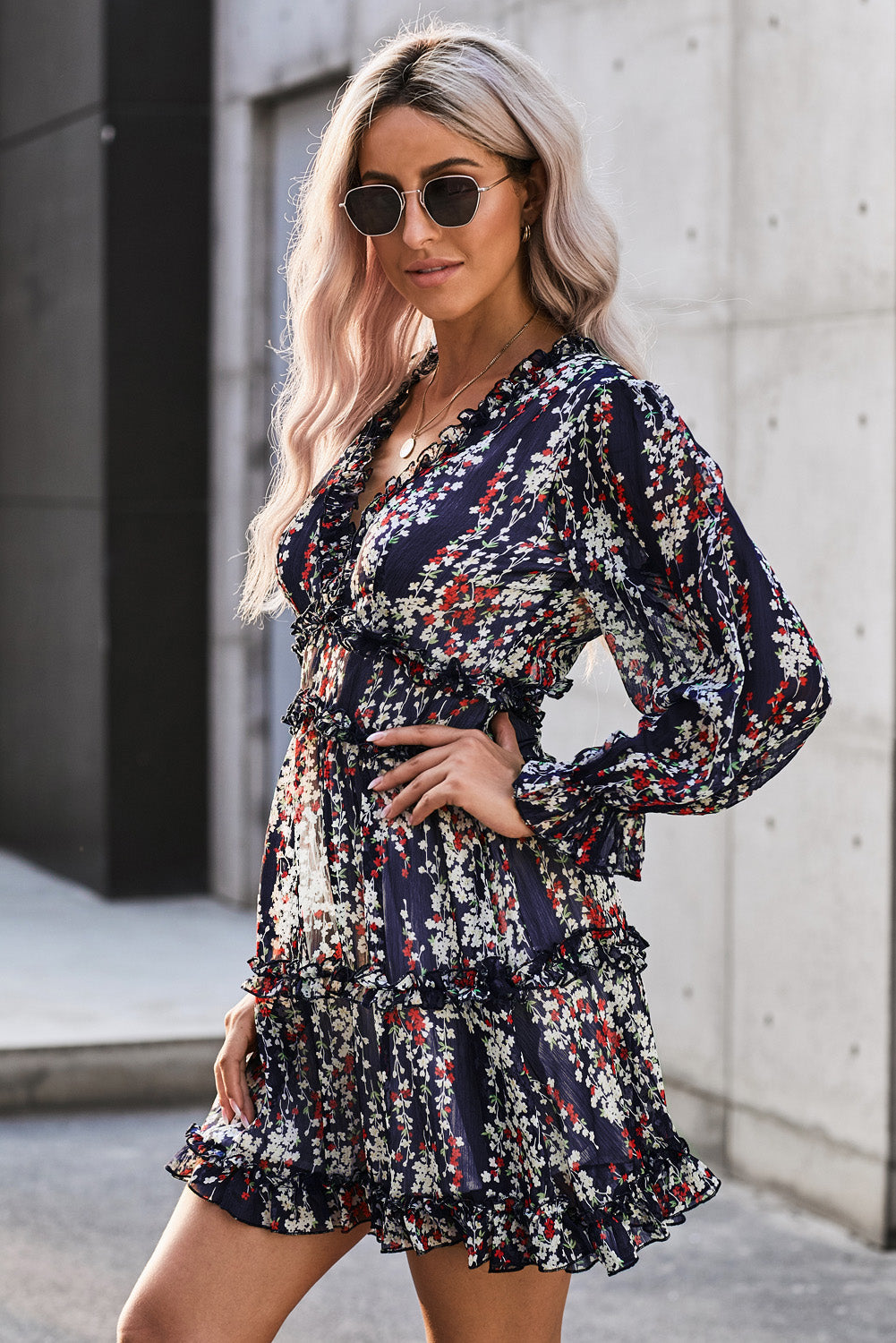 Ruffle Detailing Open Back Floral Dress