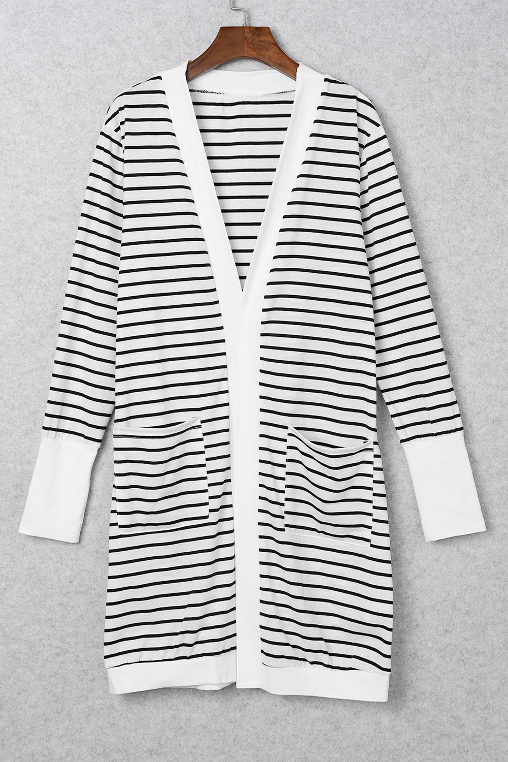 Striped Side Pockets Open Front Cardigan