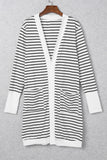 Striped Side Pockets Open Front Cardigan