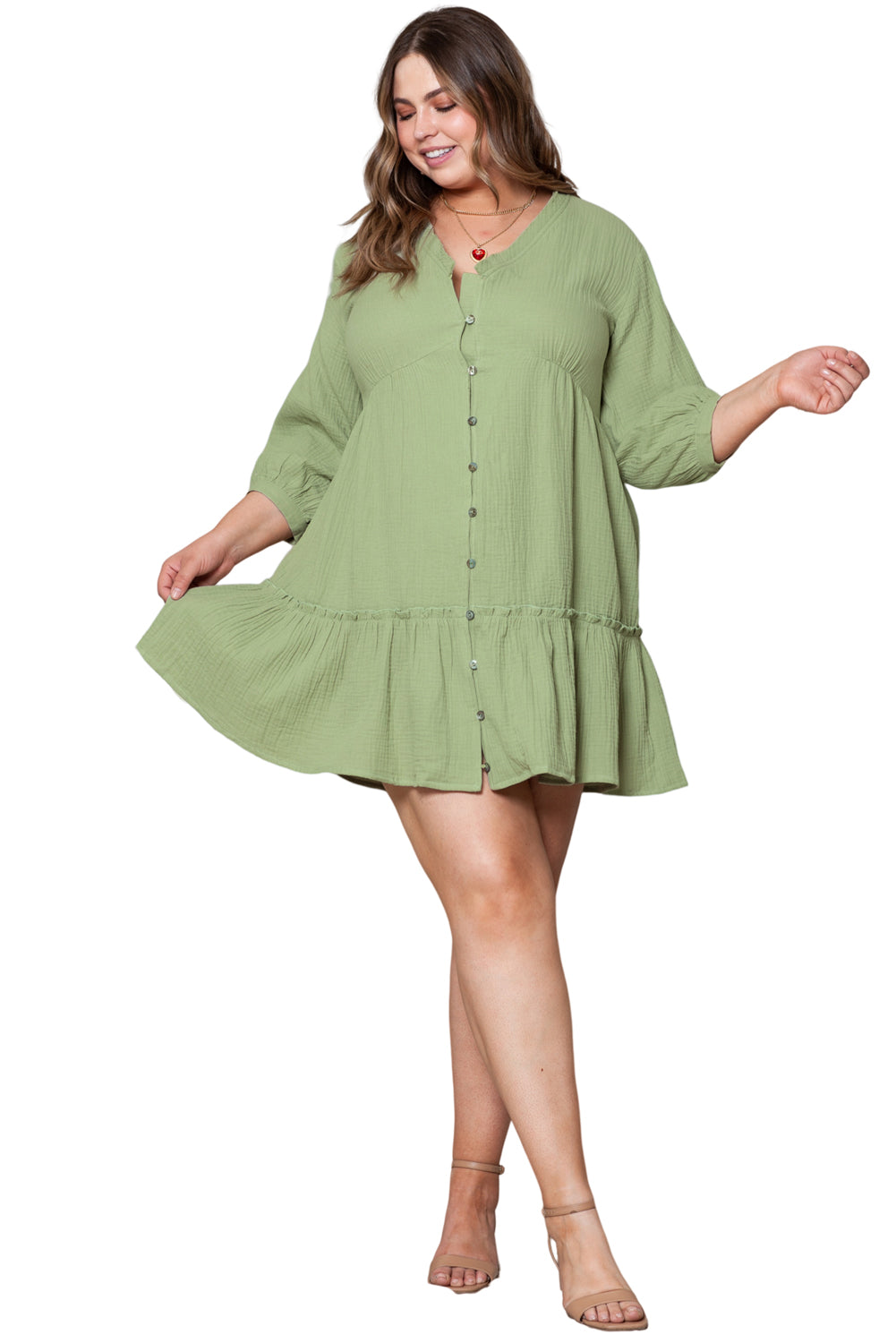 Textured Ruffled Buttoned V Neck Plus Size Mini Dress