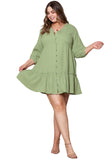 Textured Ruffled Buttoned V Neck Plus Size Mini Dress