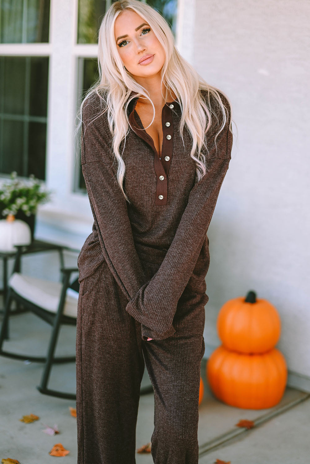 Ribbed Knit Collared Henley Top and Pants Lounge Outfit