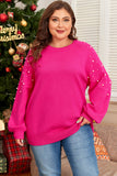 Strawberry Pink Pearled Decor Raglan Sleeve Plus Size Sweater