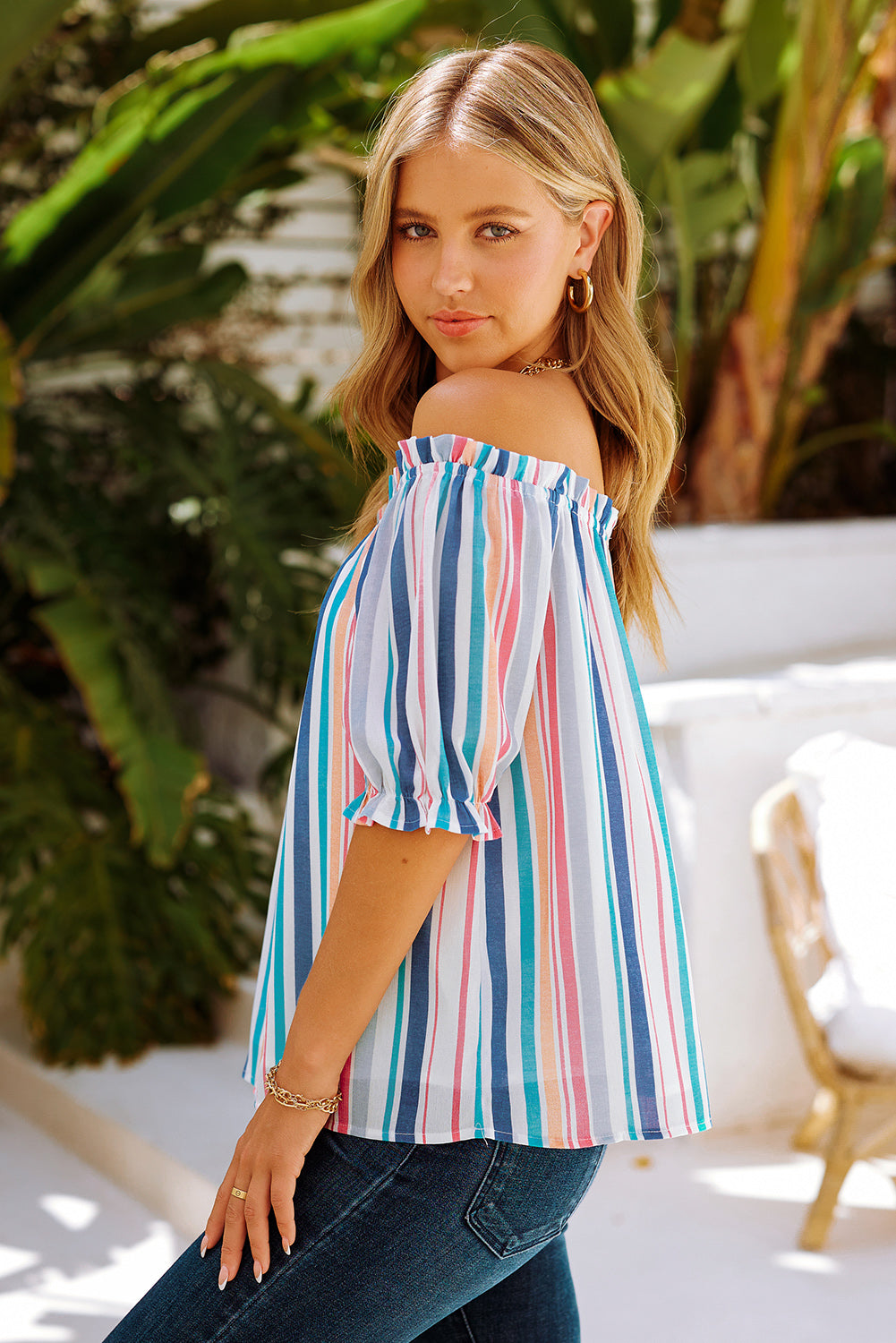 Off The Shoulder Rainbow Striped Top