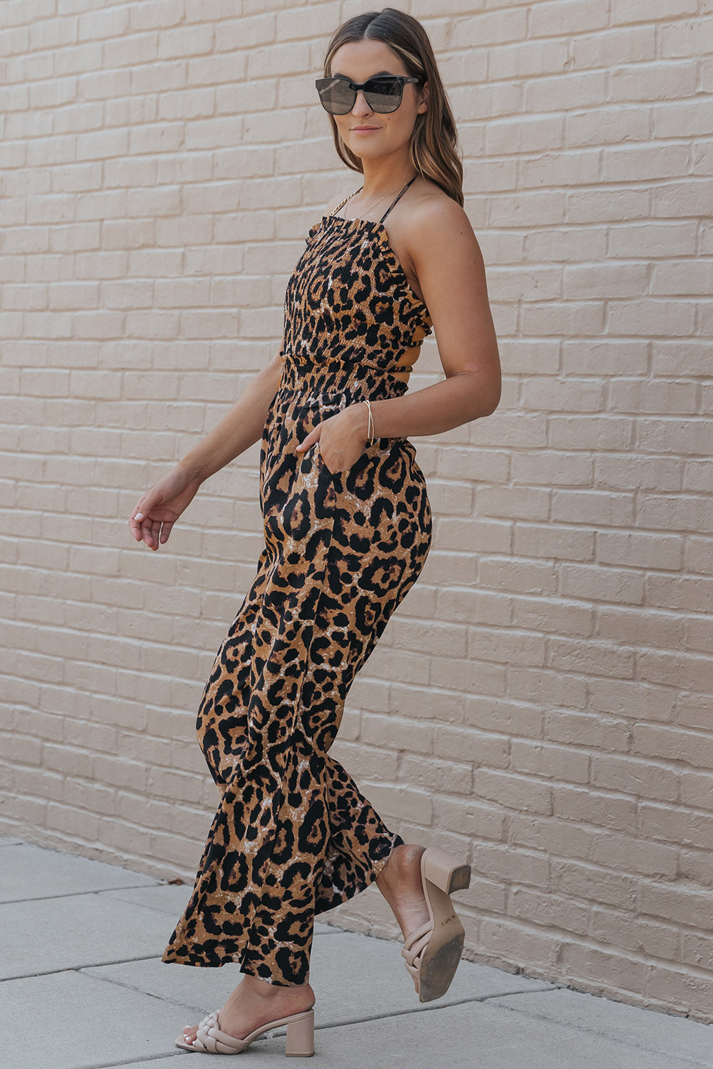 Print Halter Neck Backless Wide Leg Jumpsuit