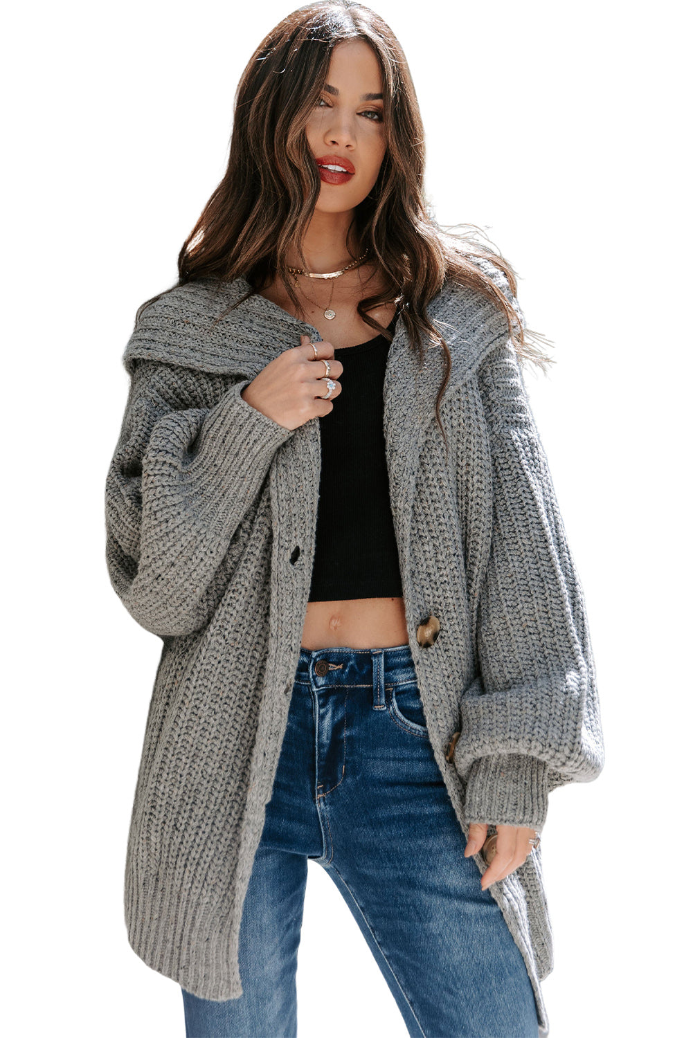 Oversized Turndown Collar Pocketed Cardigan