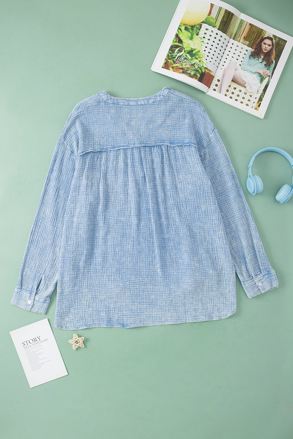 Sky Blue Crinkle Textured Loose Henley Top