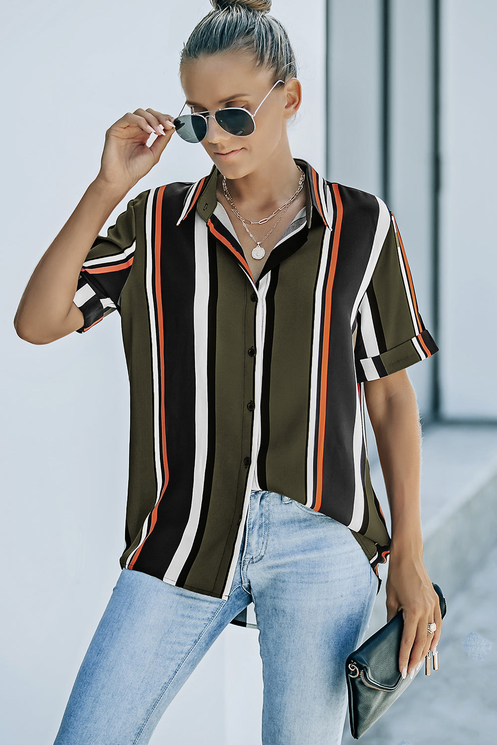 Brown Striped Short Sleeve Button Shirt