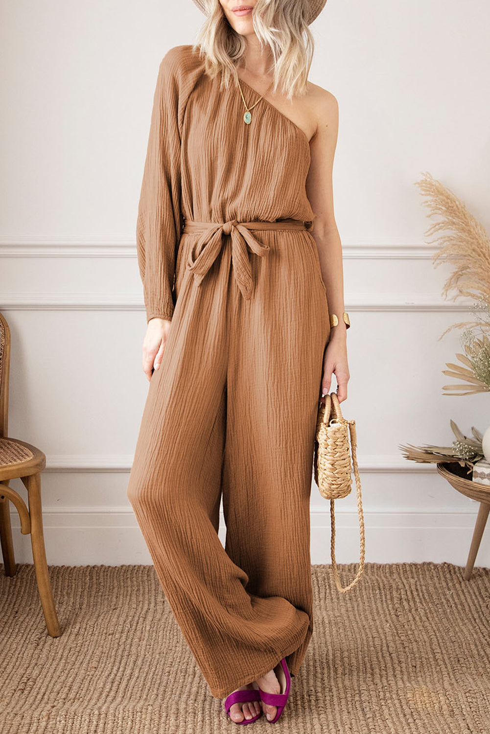 Crinkled Texture One-shoulder Loose Jumpsuit