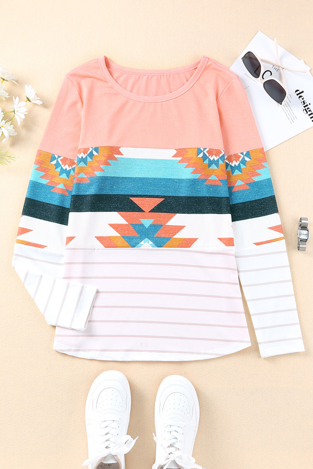 Aztec Stripe Color Block Slim Fit Long Sleeve Top