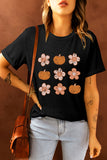 Pumpkin Flower Print Short Sleeve Graphic Top