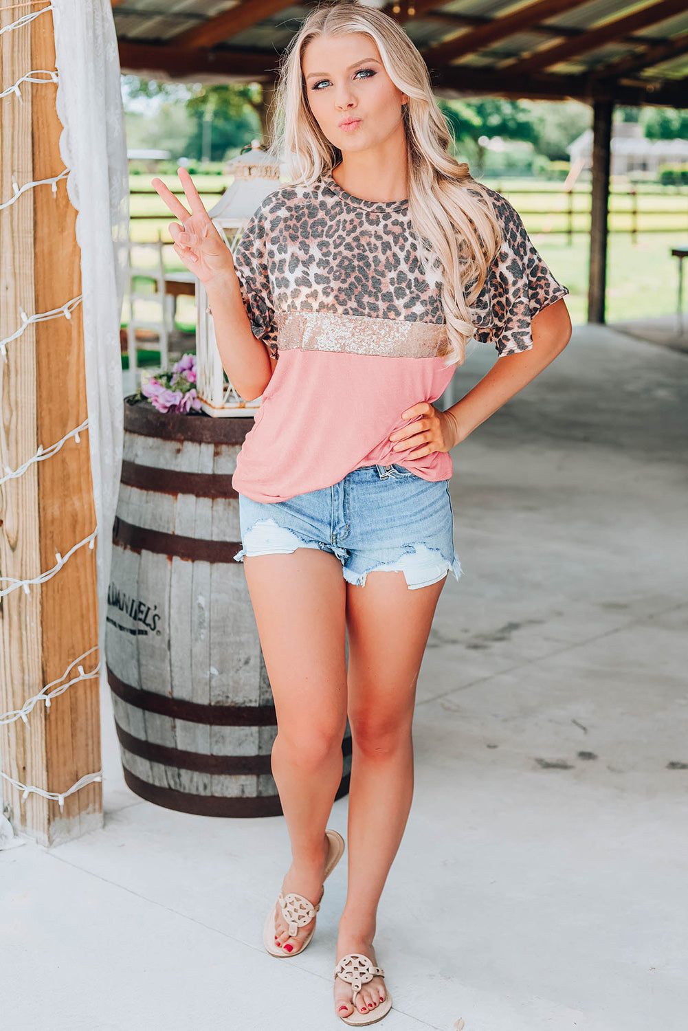 Leopard Sequin Colorblock Patchwork Short Sleeve Top