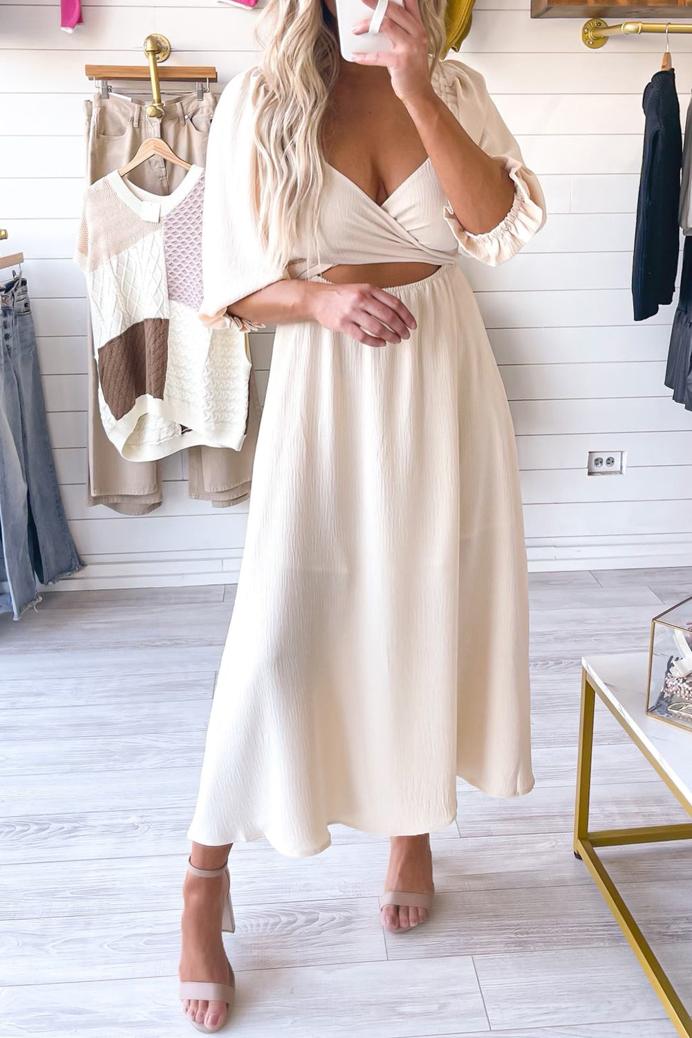 Beige Puff Sleeve Cross Tie Cut Out Maxi Dress