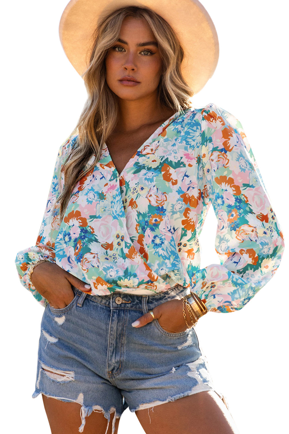 Floral Print Wrap Long Sleeve Bodysuit