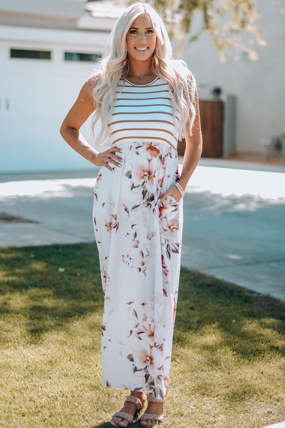 Striped Floral Print Sleeveless Maxi Dress with Pocket