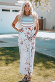 Striped Floral Print Sleeveless Maxi Dress with Pocket