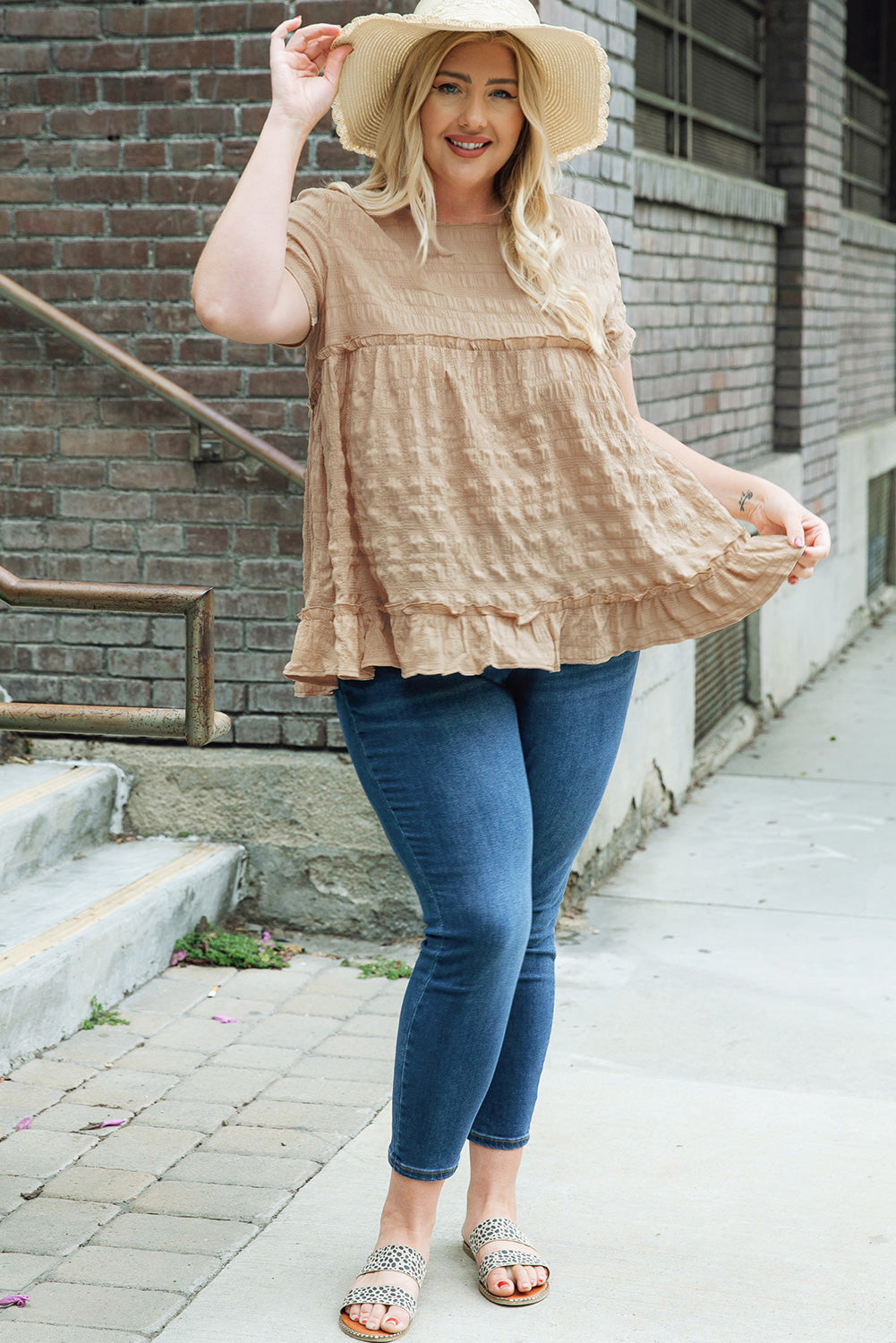 Plus Size Crinkle Textured Ruffle Trim Babydoll Top