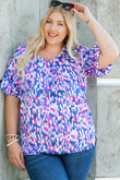 Plus Size Printed Round Neck Bubble Sleeve Blouse