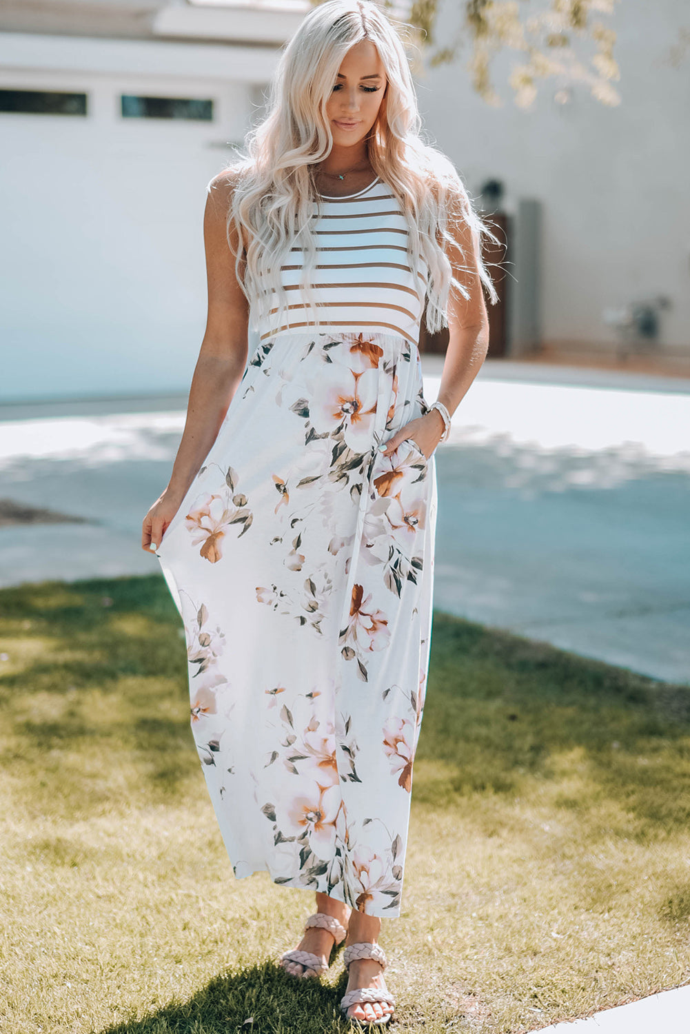 Striped Floral Print Sleeveless Maxi Dress with Pocket