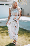 Robe longue blanche sans manches à imprimé floral et à rayures avec poche