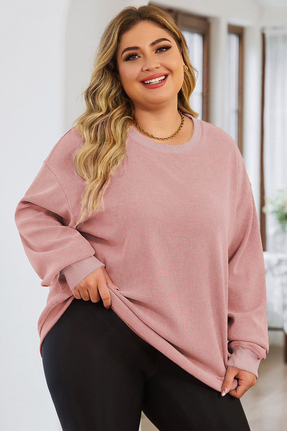 Pink Solid Ribbed Knit Round Neck Pullover Sweatshirt