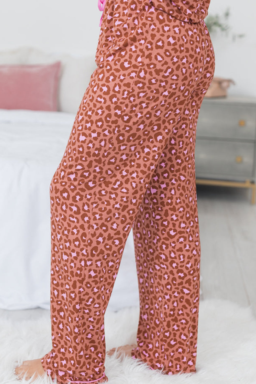 Brown Leopard Print Short Sleeve Shirt and Pants Pajamas Set