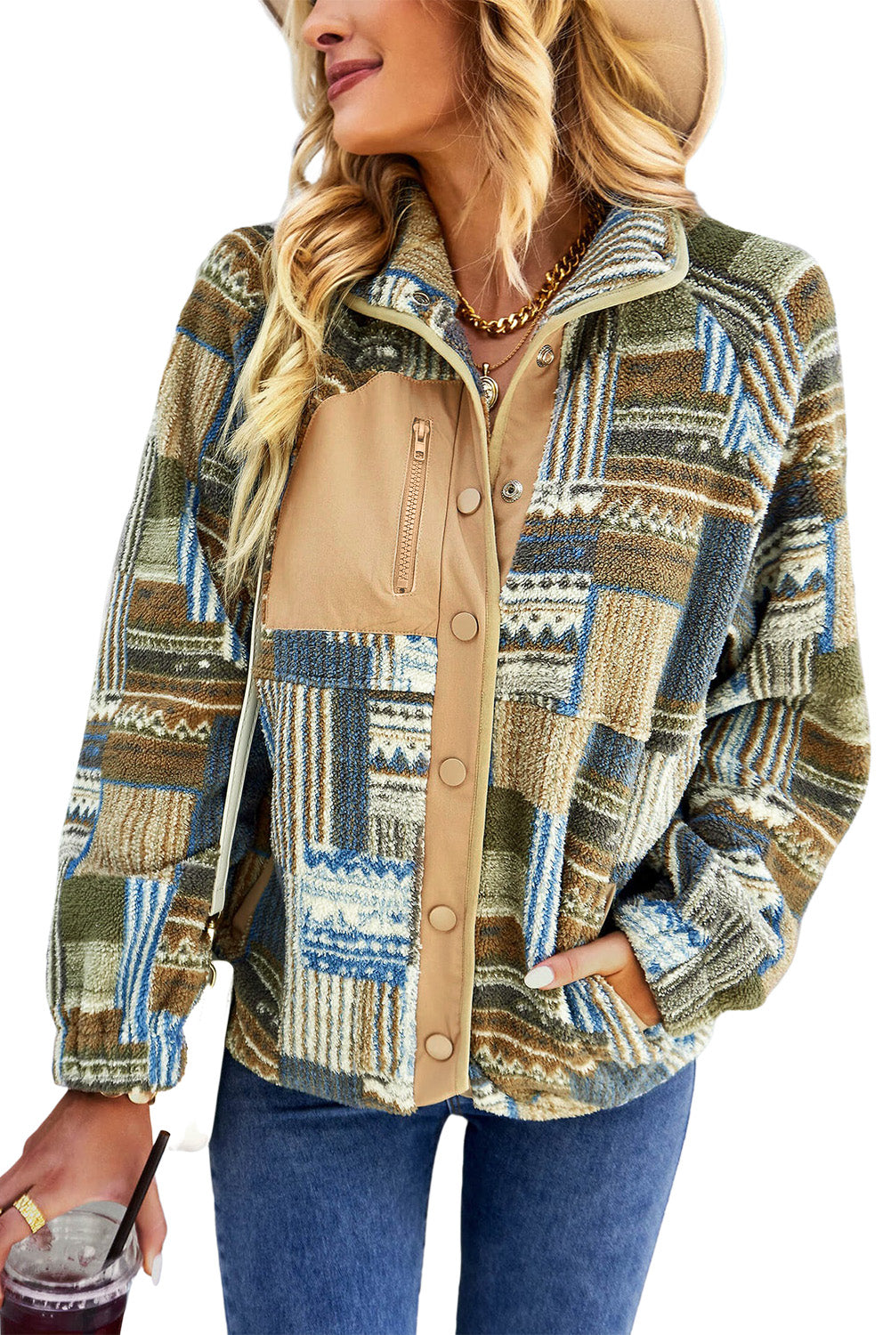 Western Colorblock Snap Buttoned Sherpa Jacket